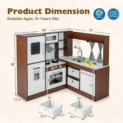 Corner Play Pretend Wooden Kitchen Set W/Water Circulation System & Lights - Ohberri