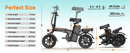 14" Foldable Electric bicycle Peak 500W Motor with 48V 7.5Ah 40 Miles Range 3 Hours Charge Time - Ohberri