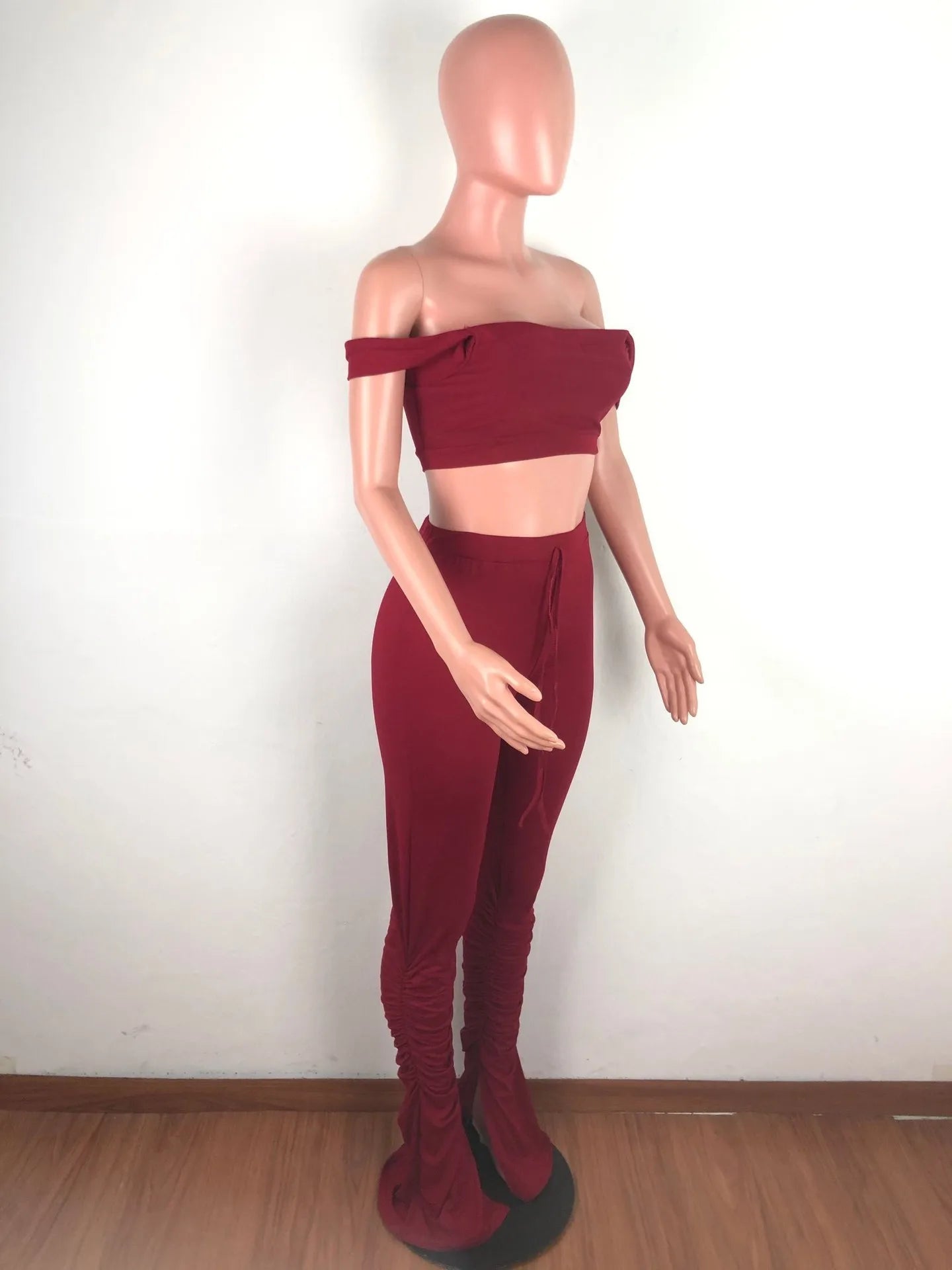 2 Piece Set Skinny Elastic Strapless Tops and Fold Slit Thin Pants Ohberri