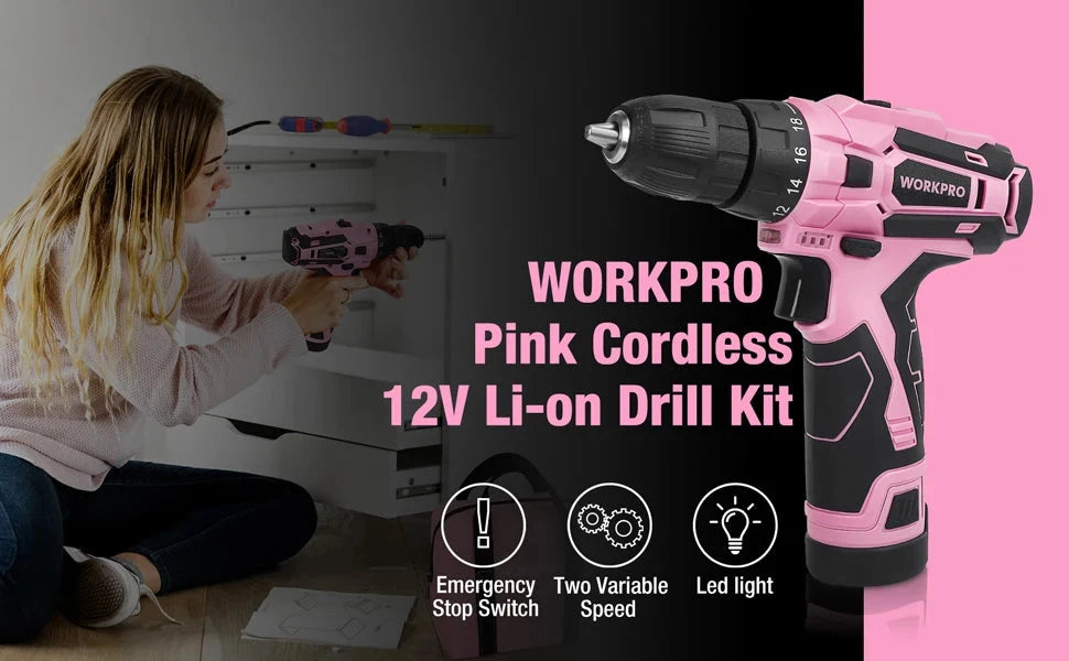 WORKPRO Pink Cordless Drill Driver Set, 12V Electric Screwdriver Driver Tool Kit, 3/8" Ohberri