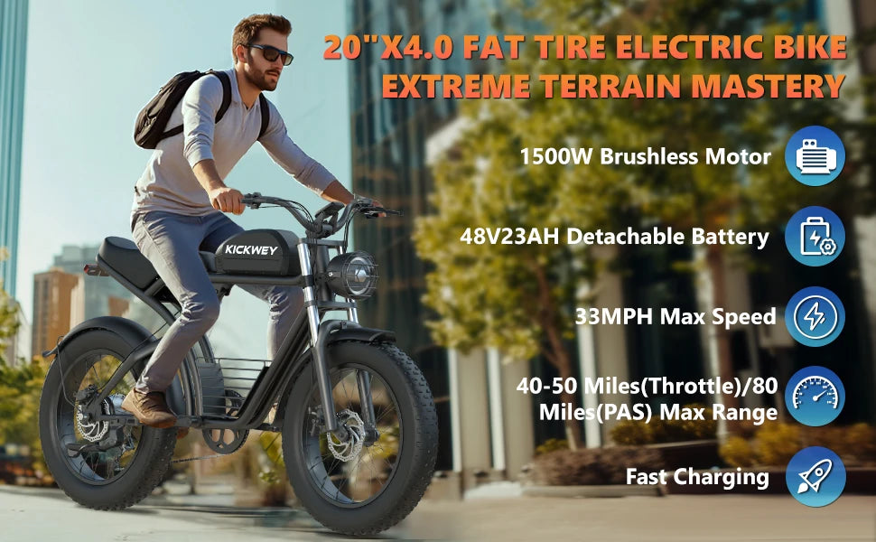 Electric bike 1500W Motor 48V 23AH 20 Inch Fat Tire 32MPH 7-Speed - Ohberri