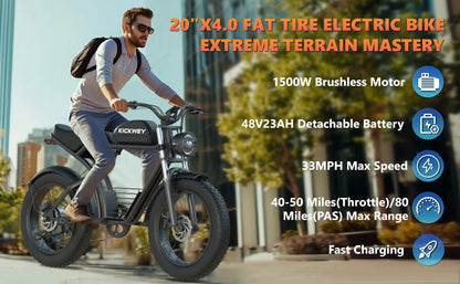 Electric bike 1500W Motor 48V 23AH 20 Inch Fat Tire 32MPH 7-Speed - Ohberri