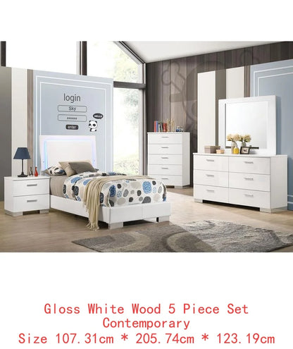 5-Piece High Gloss White Full Bedroom Set - Modern Design with Storage - Ohberri