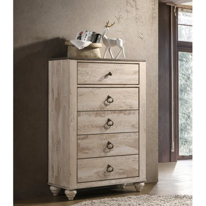 Imerland Contemporary White Wash Finish Bedroom Set, Queen Bed , Dresser, Mirror, Nightstand, Chest - Ohberri