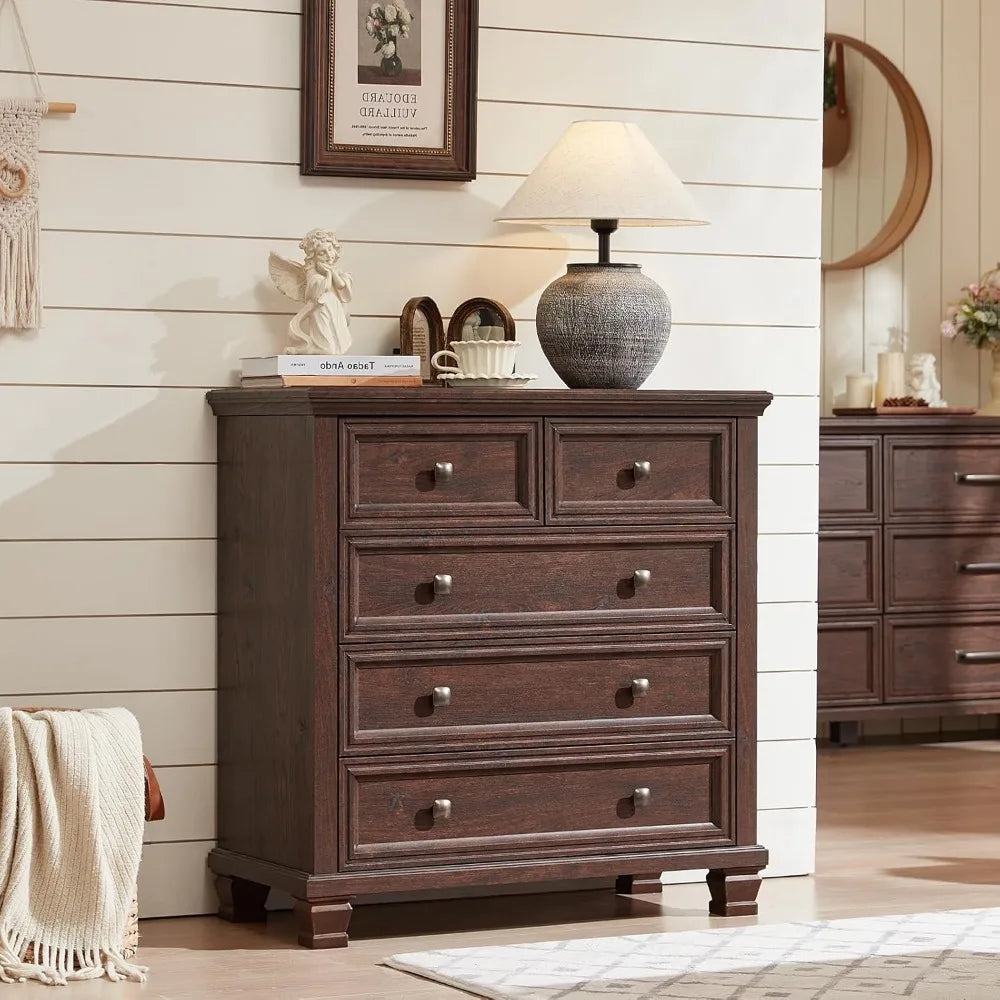 Farmhouse Dresser and Nightstand Sets of 4, 6/5 Drawer Dresser & 2 Drawer Nightstand Set of 2, Rustic Walnut - Ohberri