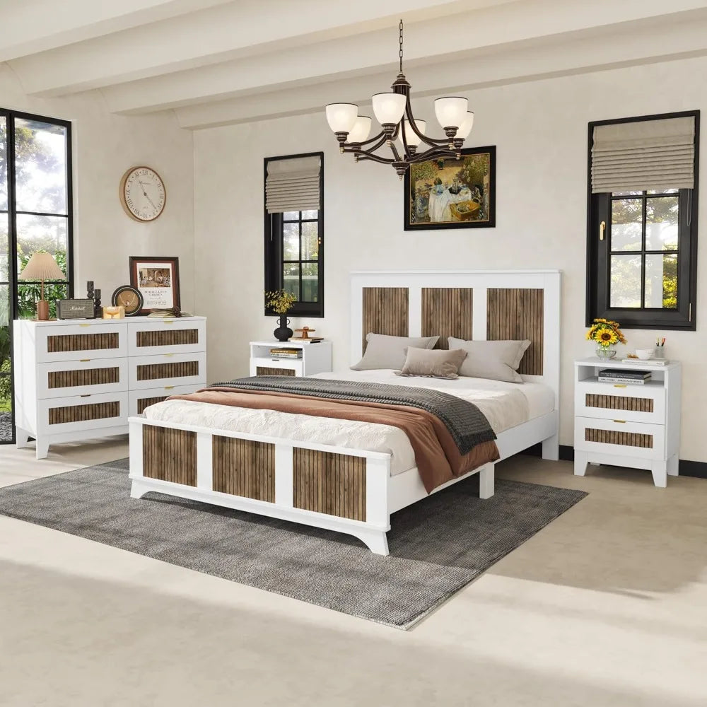 4 Pieces Bedroom Sets Queen Size Farmhouse Platform Bed with Wooden Strip Decoration, 2 Storage Nightstands and A 6-Drawer - Ohberri