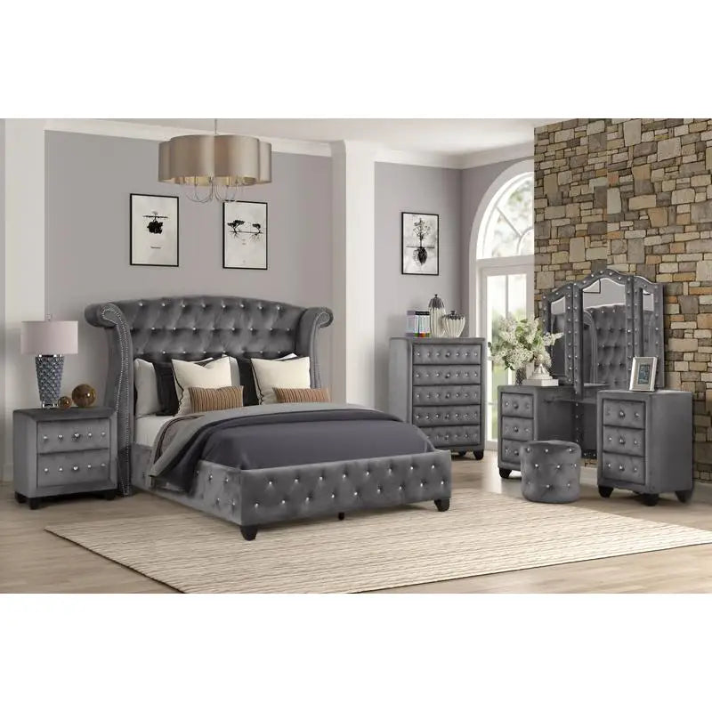 5-Piece Gray Wood Upholstered Bedroom Vanity Set for Stylish Home Decor - Ohberri