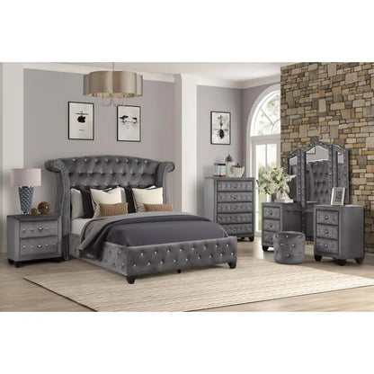 5-Piece Gray Wood Upholstered Bedroom Vanity Set for Stylish Home Decor - Ohberri