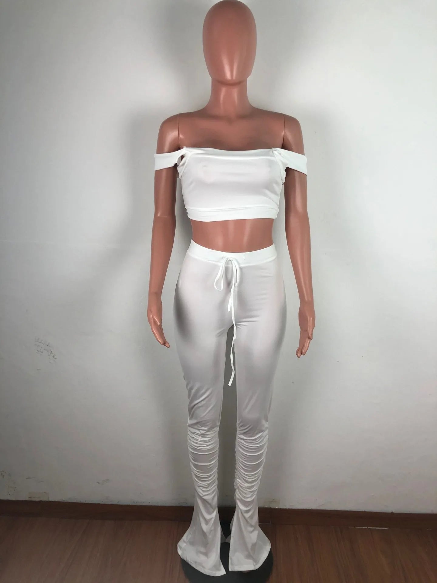 2 Piece Set Skinny Elastic Strapless Tops and Fold Slit Thin Pants Ohberri