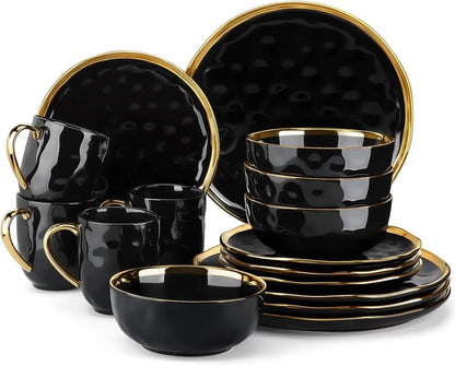 Black and Gold Dishes Sets, Stoneware Dinnerware Sets for 4, 16 Piece Plates and Bowls Sets Ohberri