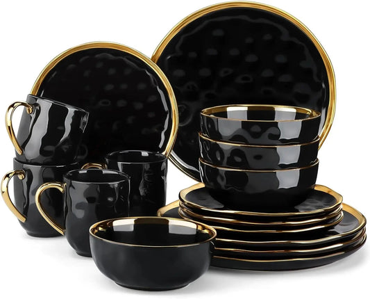 Black and Gold Dishes Sets, Stoneware Dinnerware Sets for 4, 16 Piece Plates and Bowls Sets Ohberri