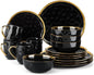 Black and Gold Dishes Sets, Stoneware Dinnerware Sets for 4, 16 Piece Plates and Bowls Sets Ohberri