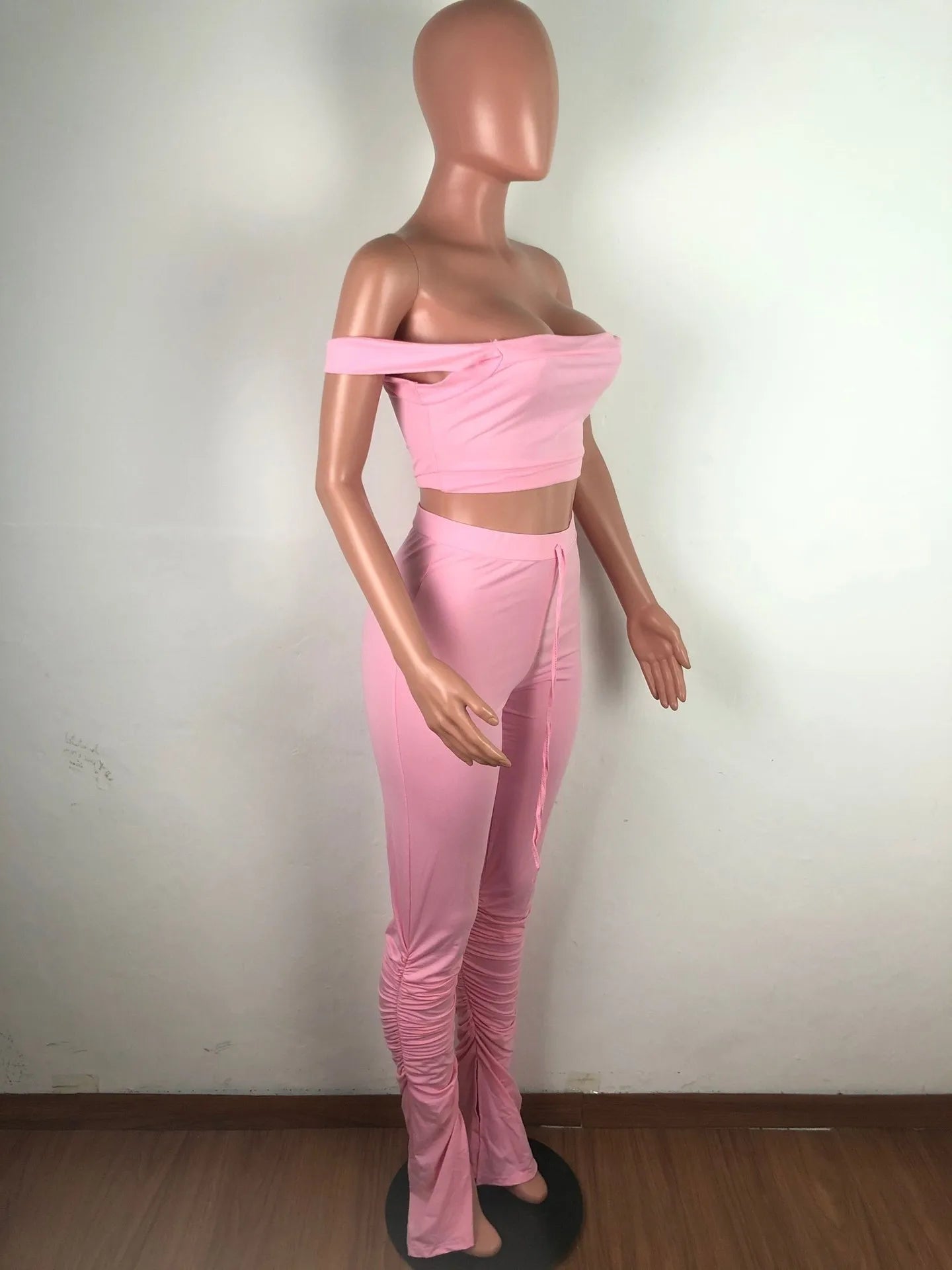 2 Piece Set Skinny Elastic Strapless Tops and Fold Slit Thin Pants Ohberri