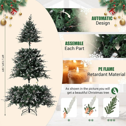 6Ft/7.5Ft/9Ft Pre-Lit Snow Flocked Christmas Tree 8-Modes LED Lights Prelit Artificial Tree With Fake Pine Cones Ohberri