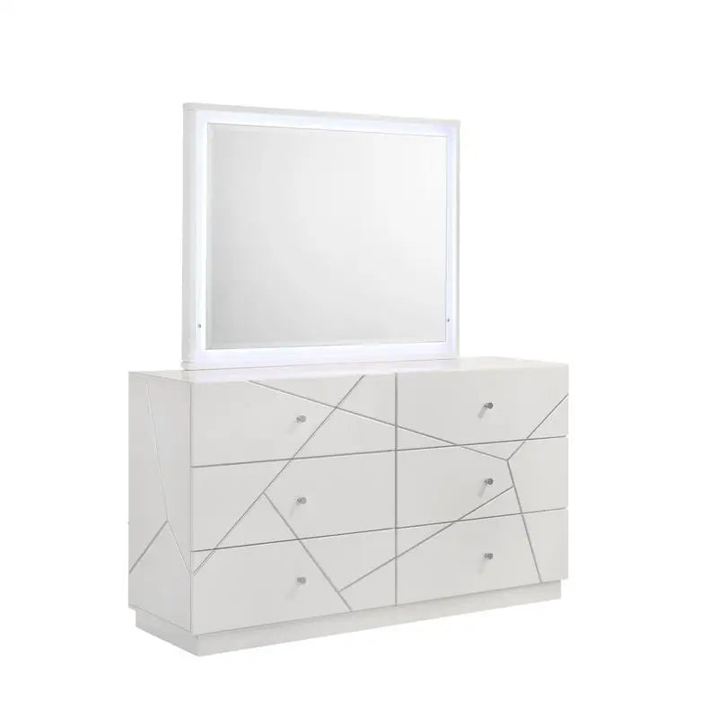 Modern 5-Piece Bedroom Set with Lacquer Finish, Geometric Accents, and LED Lighting - Ohberri