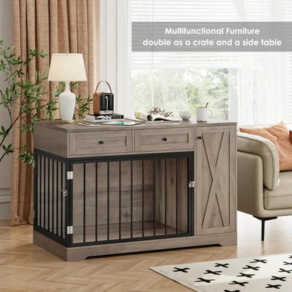 Wooden Dog Crate Furniture, Double Door Pet Kennel with 2 Drawers & Storage Cabinet Ohberri