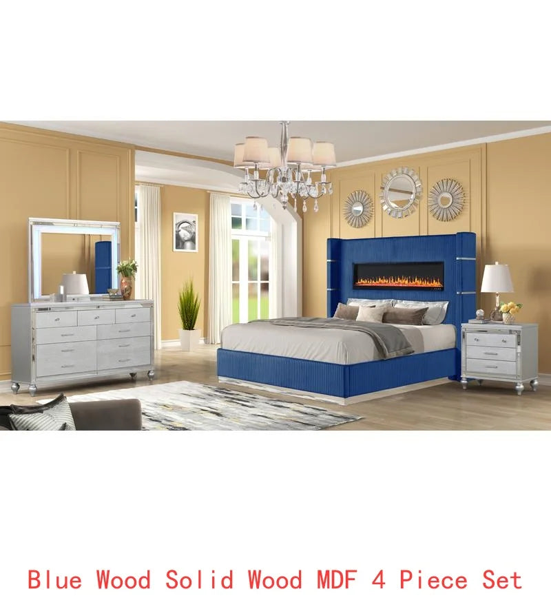 Modern Upholstery King 4-Piece Bedroom Set with Bed, Nightstand, Dresser, Mirror, and Fireplace in Blue Wood - Ohberri
