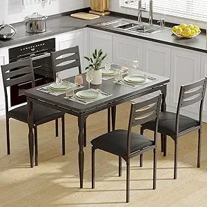5 Piece Dining Table Set, Industrial Style Dining Table and Chairs Set for 4 Ohberri