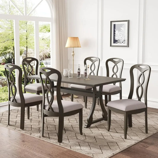 7 Piece Dining Table Set, Retro Kitchen Table Set with 6 Upholstered Dining Chairs, Wooden Table and Chairs Set for Dining Room - Ohberri
