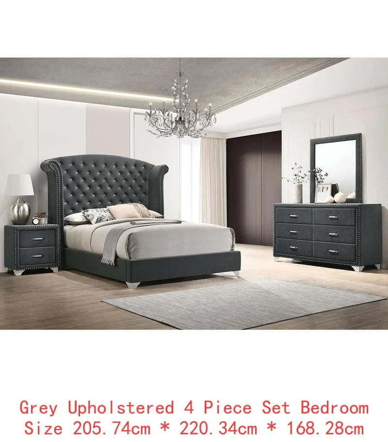 4-Piece Queen Bed Set in Grey Finish with Nightstands and Dresser - Ohberri