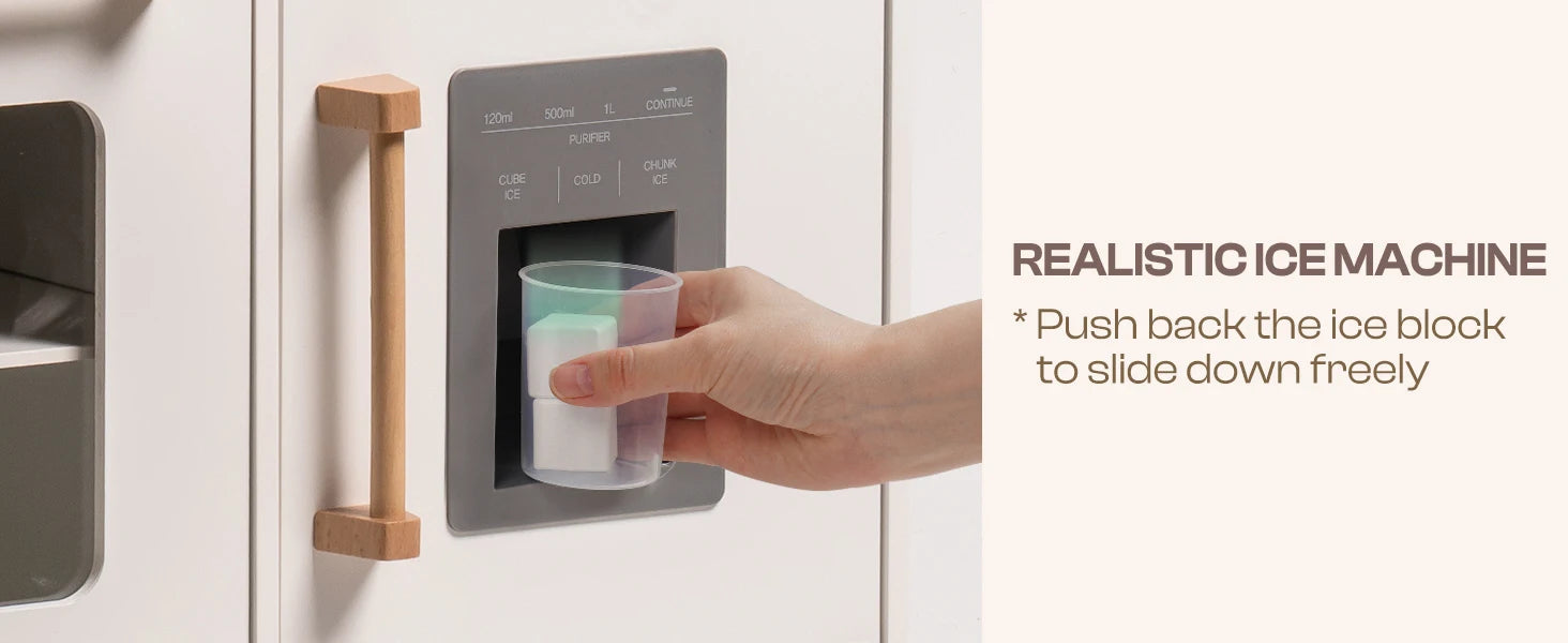 Wooden Play Kitchen with Real Lights Sounds Ice Cube Dispenser -White - Ohberri