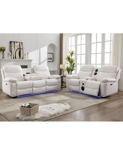 6-Seat Electric Power Recliner Sofa Set With Drop-Off Table, Wireless Charger & Type-C Port, Faux Leather Loveseat With Bass Speaker - Ohberri