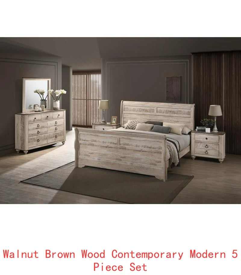 Contemporary White Wash Finish King Sleigh Bed Set with Dresser, Mirror, and 2 Nightstands - Ohberri