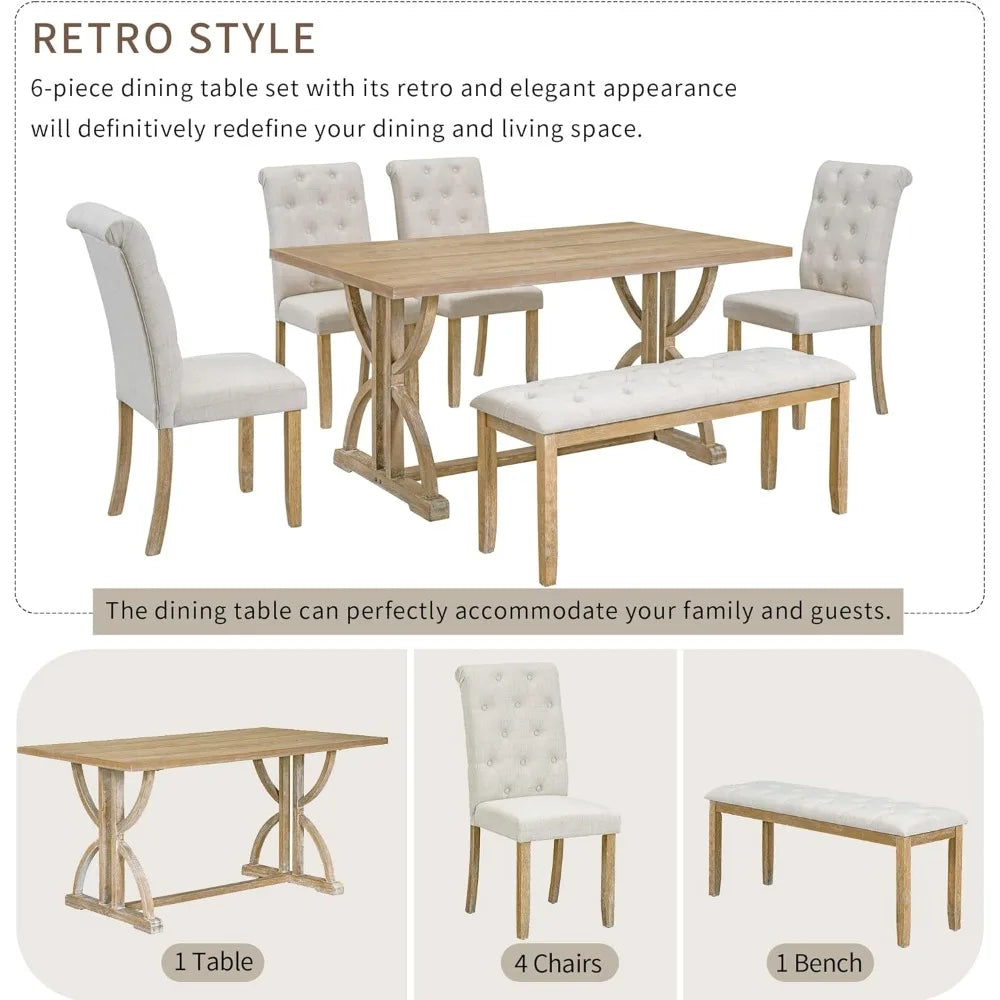 retro 6-piece dining table set, rectangular table with unique legs and 4 upholstered chairs & 1 bench - Ohberri