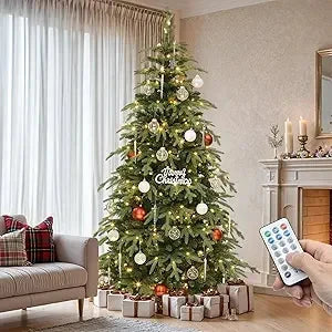 7.5ft Pre-lit Flocked Layered Christmas Tree With Remote, Hinged Flocked Christmas Tree W/ 1734 Pe & Pvc Mixed Tips Ohberri