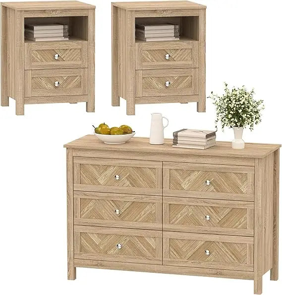 3 Pieces Bedroom Set with 6 Drawer Dresser and 2 Drawer Nightstands, Wooden - Ohberri