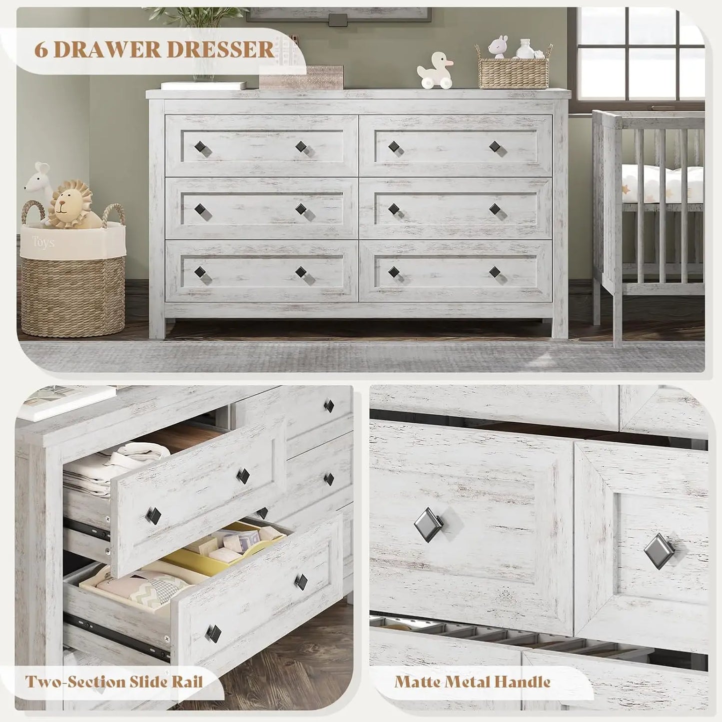 2-Piece Bedroom Set, Queen Bed Frame and 6 Drawer Dresser - Ohberri