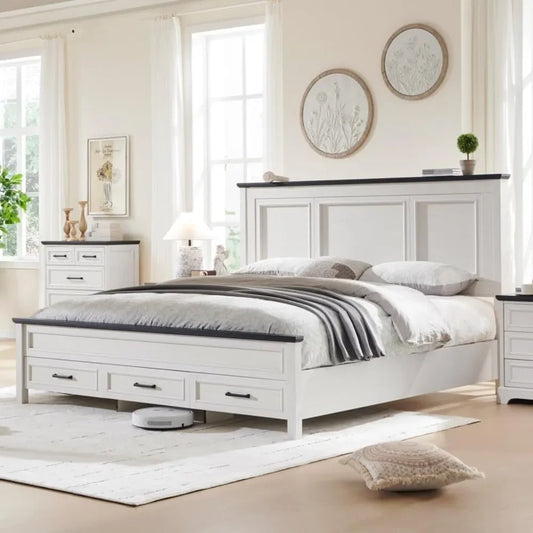 Farmhouse King Size Bed Frame with 52" Tall Full-Panel Headboard, Wood Platform Storage Drawers - Ohberri