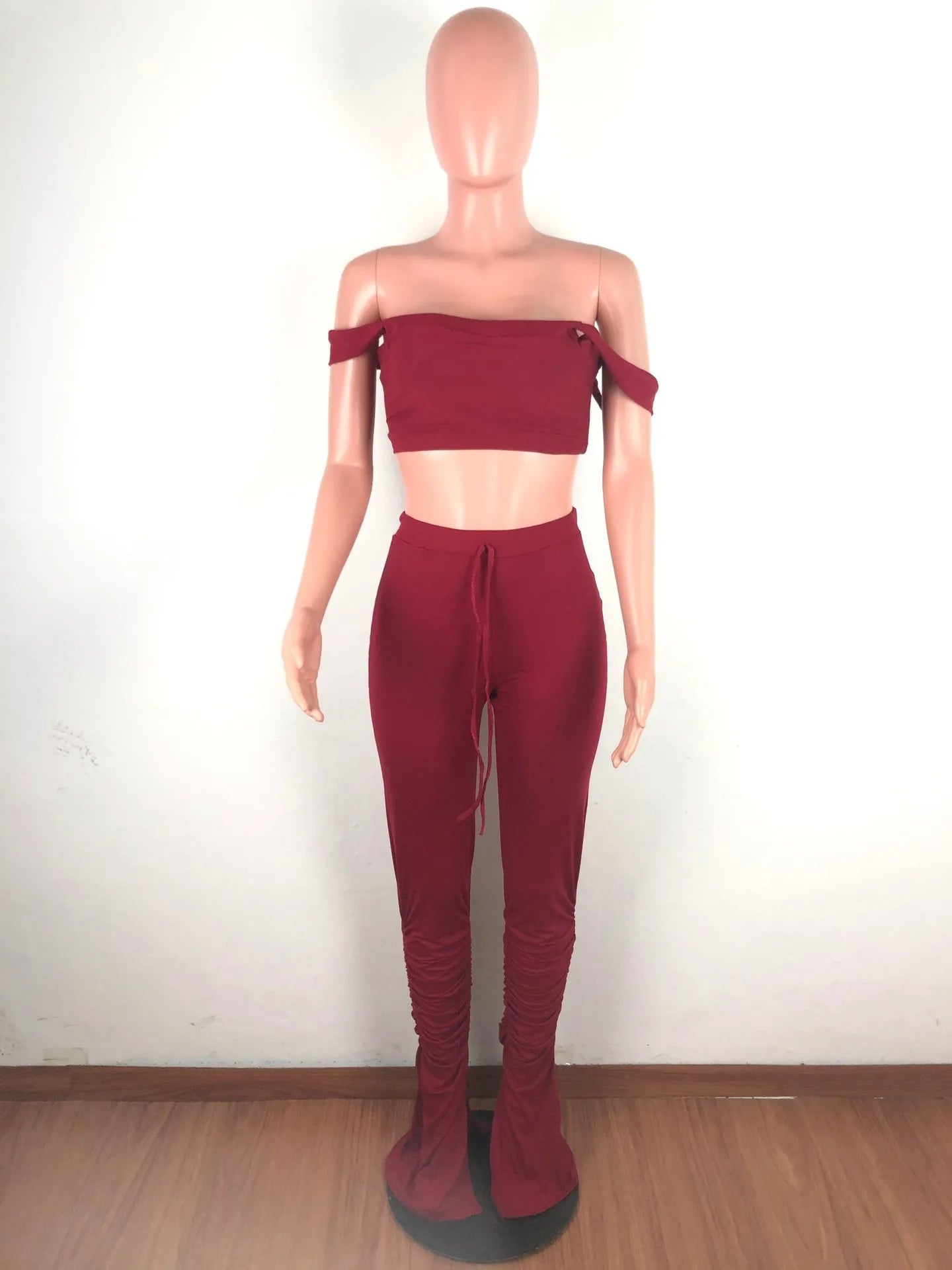 2 Piece Set Skinny Elastic Strapless Tops and Fold Slit Thin Pants Ohberri