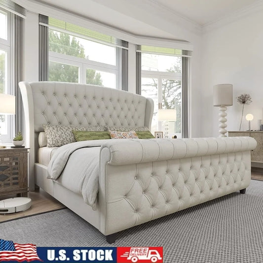 King Size Upholstered Sleigh Bed Craftsmanship Button Tufted Wingback Headboard - Ohberri