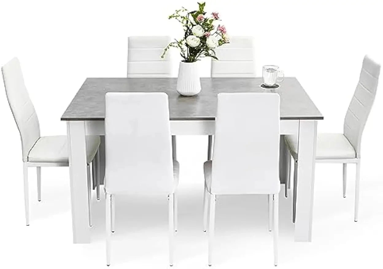 Dining Table and Chairs Set 6, 7 Pieces Kitchen Table Set with High Back Faux Leather Chair Ohberri