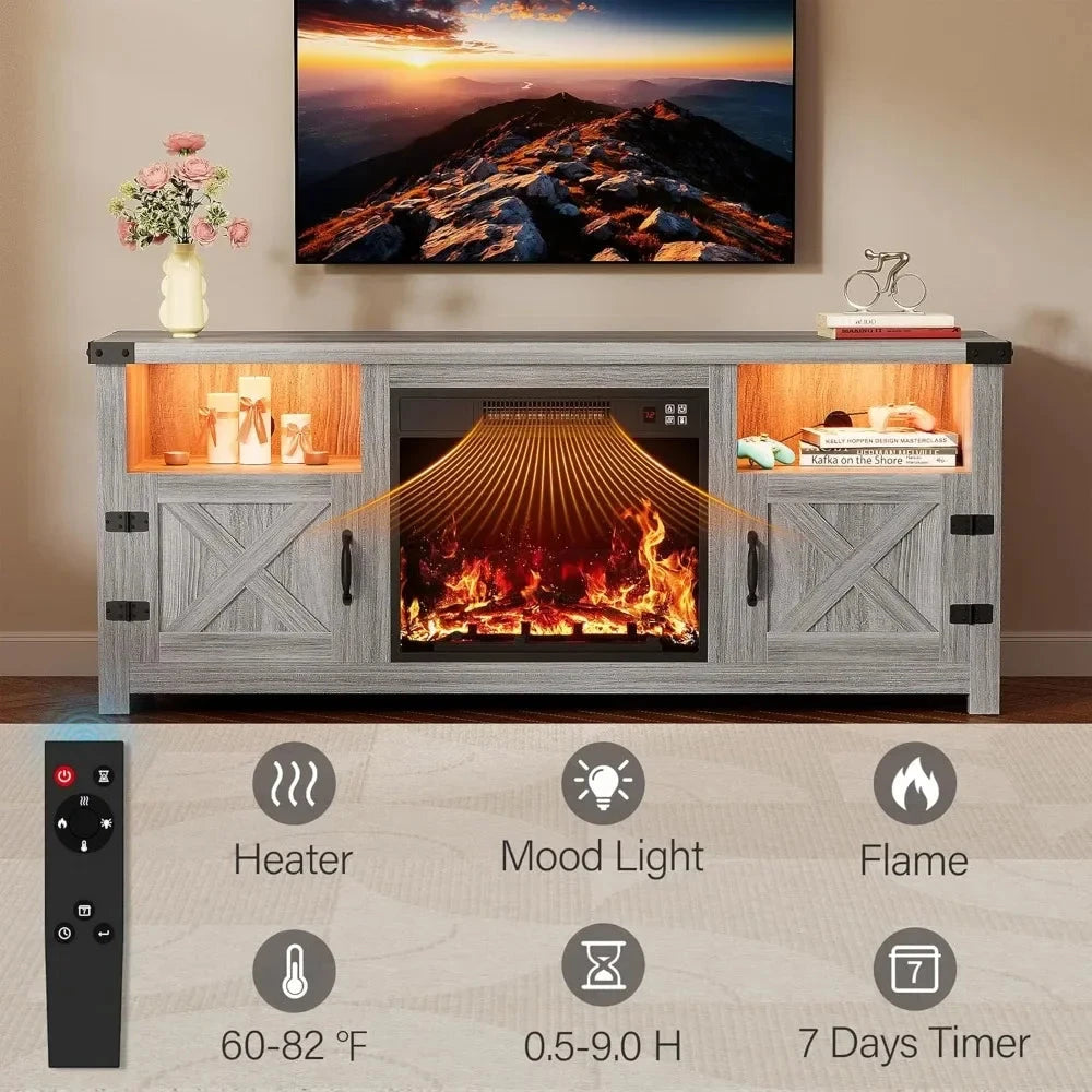 65 Inch LED Fireplace TV Stand with Mood Lighting, Cabinet with Open Shelf & Hidden Cable Routing Ohberri