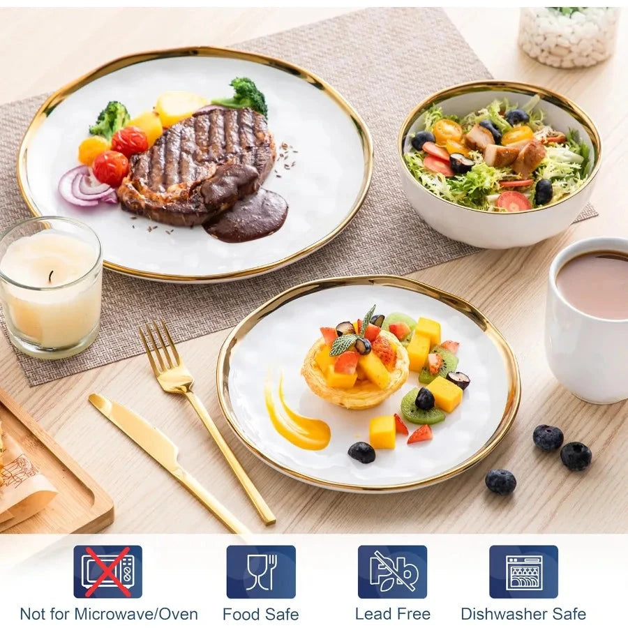 16 Pieces Plates and Bowls Sets Porcelain White and Gold Dinnerware Sets Ohberri