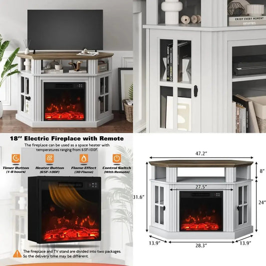 Corner tv stand with fireplace for 55" televisions, storage cabinets Ohberri