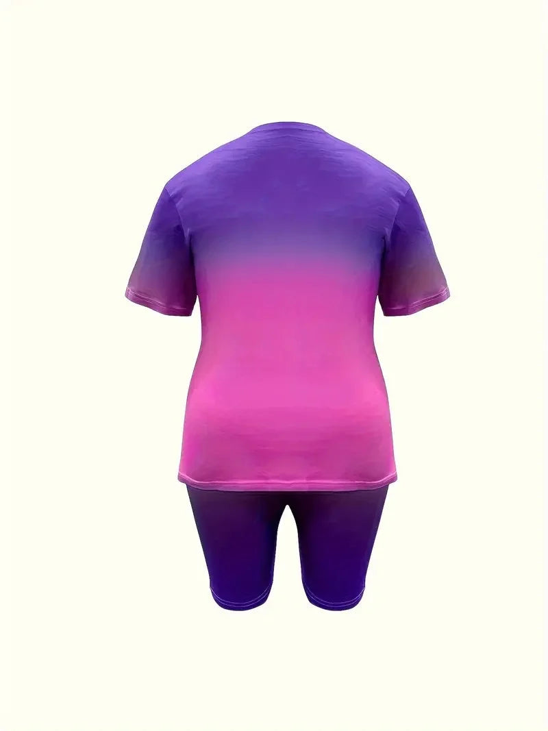 Women's Gradient Color Suit Butterfly Pattern Round Neck Short Sleeve Ohberri