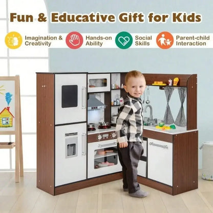 Corner Play Pretend Wooden Kitchen Set W/Water Circulation System & Lights - Ohberri