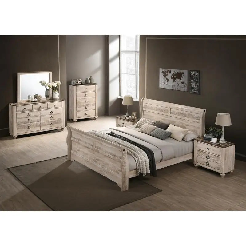 King Sleigh Bed Bedroom Set with Dresser, Mirror, 2 Nightstands, and Chest - Ohberri