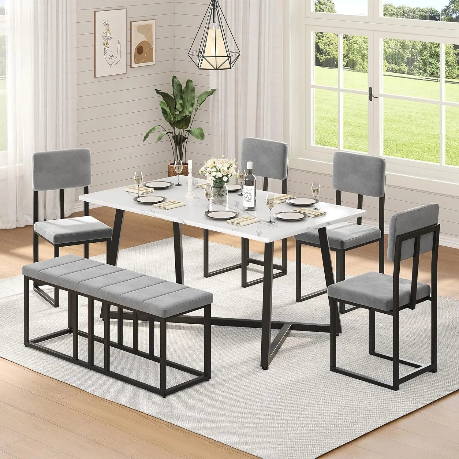 5-Piece Faux Marble Dining Set | 47.24" Table with 4 Velvet Chairs, Modern Minimalist for Small Spaces Ohberri