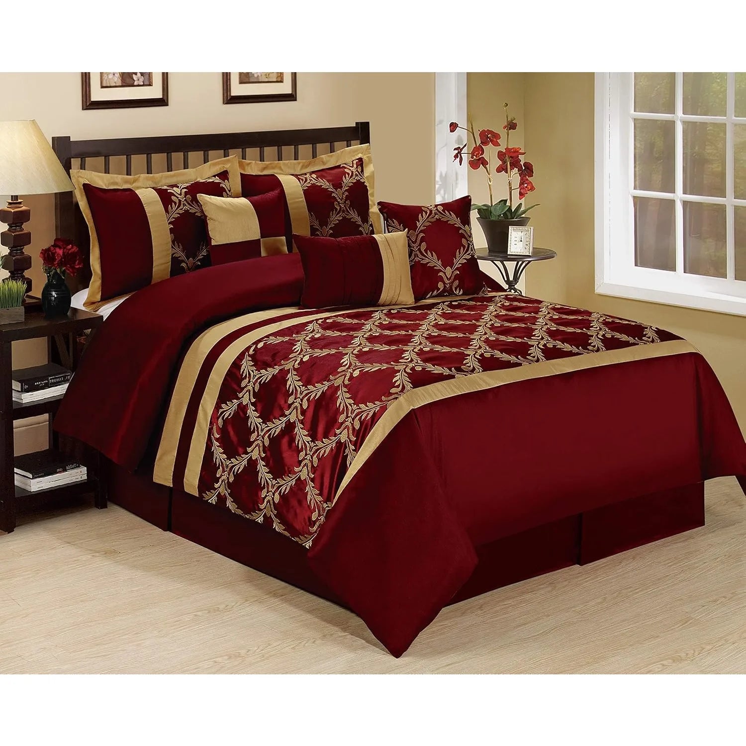 7 Piece Comforter Set King - Burgundy and Gold Faux Silk Fabric Embroidered - Claremont Bed in A Bag - Breathable and Wrinkle - Ohberri