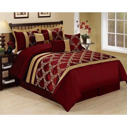 7 Piece Comforter Set King - Burgundy and Gold Faux Silk Fabric Embroidered - Claremont Bed in A Bag - Breathable and Wrinkle - Ohberri