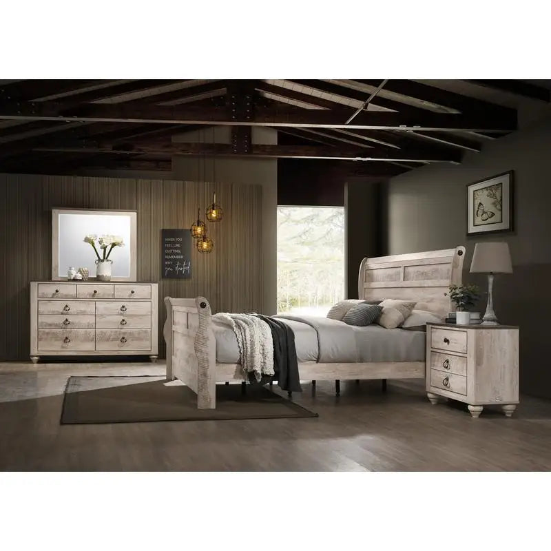 Contemporary White Wash Finish King Sleigh Bed Set with Dresser, Mirror, and 2 Nightstands - Ohberri