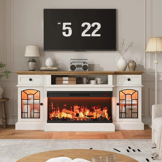 70" Farmhouse Fireplace TV Stand for TVs up to 80" with 36" 3-Side Glass Electric Fireplace Ohberri