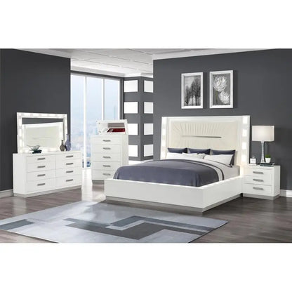 5-Pc LED Bedroom Set in Milky White Wood Finish - Ohberri