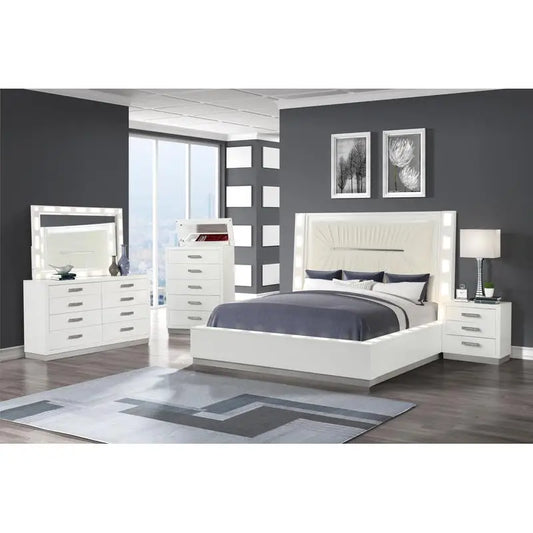 5-Pc LED Bedroom Set in Milky White Wood Finish - Ohberri