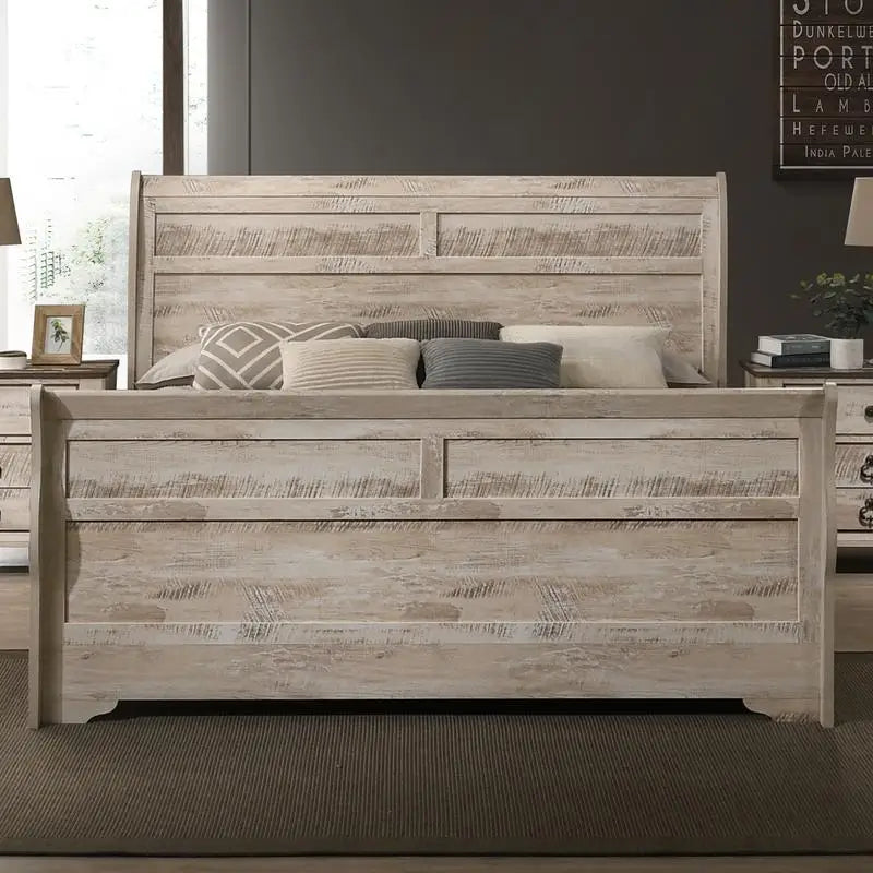 Contemporary White Wash Finish King Sleigh Bed Set with Dresser, Mirror, and 2 Nightstands - Ohberri