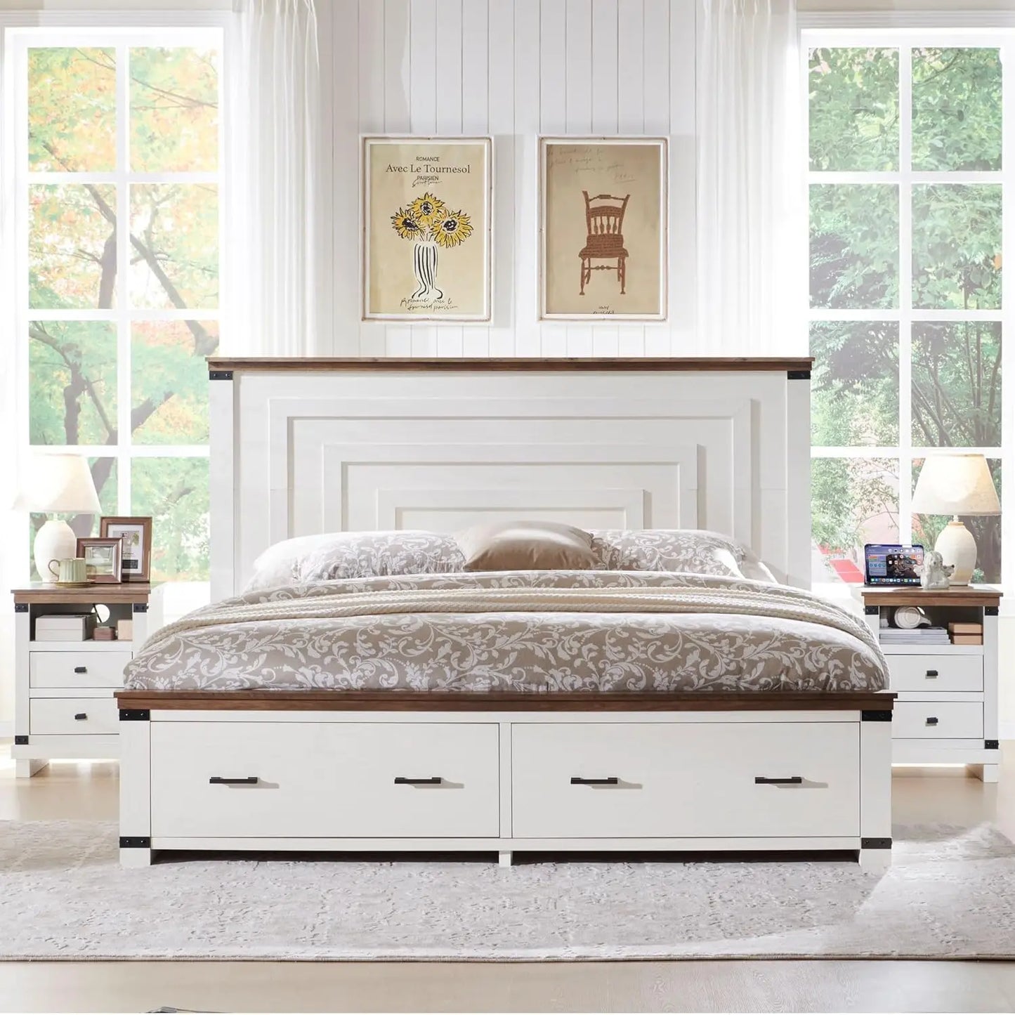 Queen Size Wood Bed Frame with 54" Tall Geometric Headboard, 2 Large Storage Drawers, Solid Wood Slats Support - Ohberri